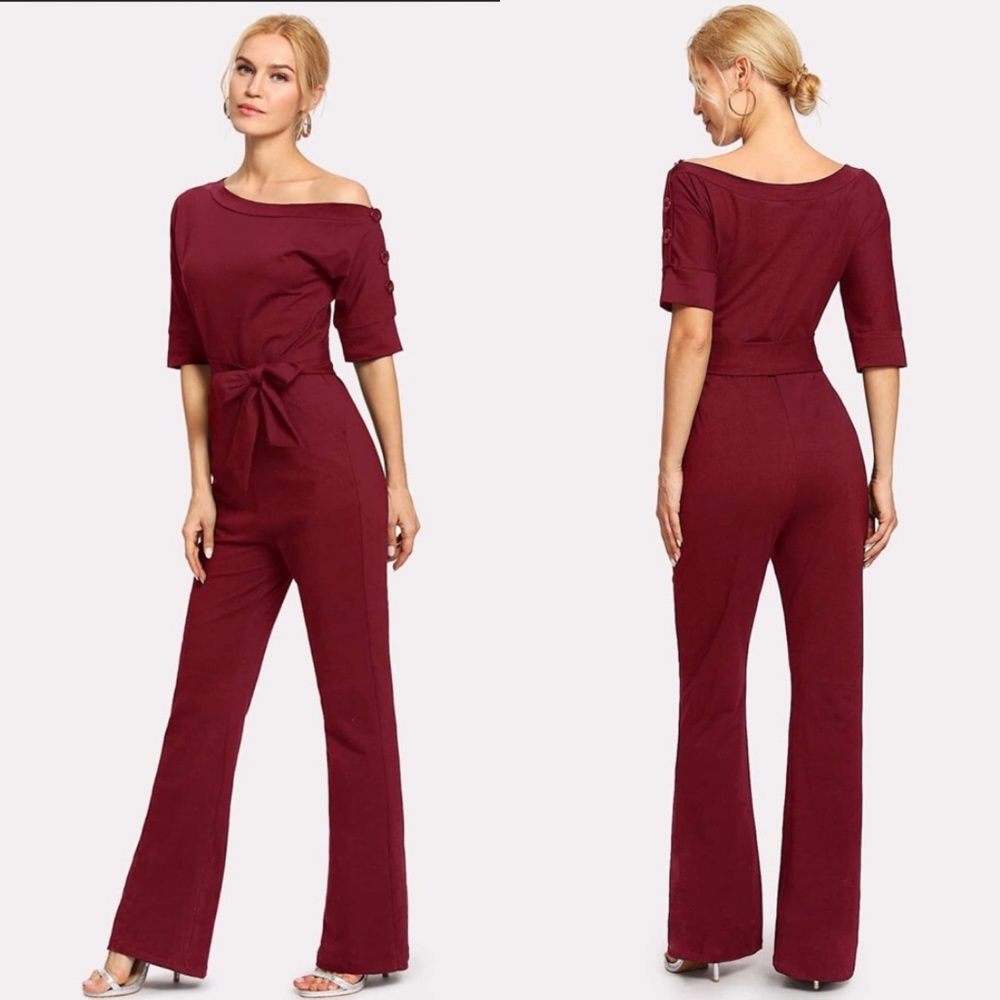 SHEIN Burgundy Button Tie Jumpsuit